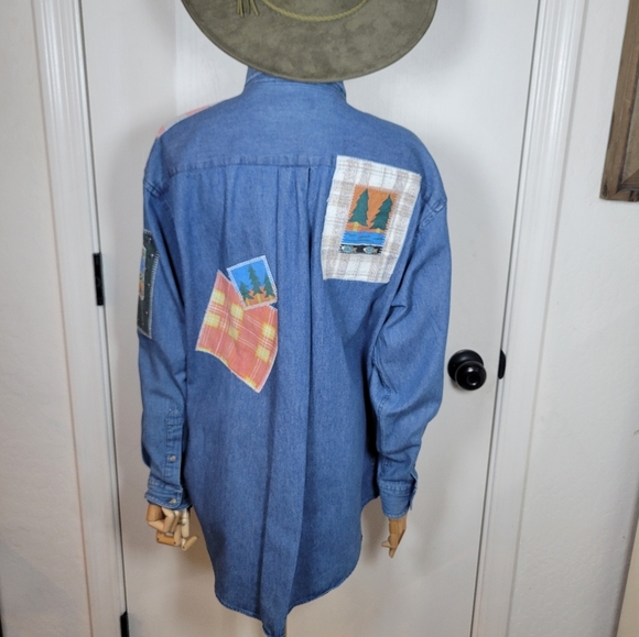 Vintage Ashley Hill Wilderness Denim Shirt Patchwork Western Outdoors Vibes L - Picture 12 of 16